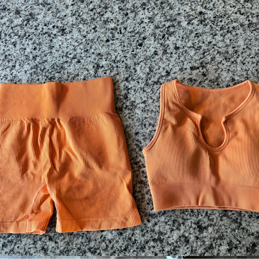 Orange Ribbed Crop Top and Shorts Set